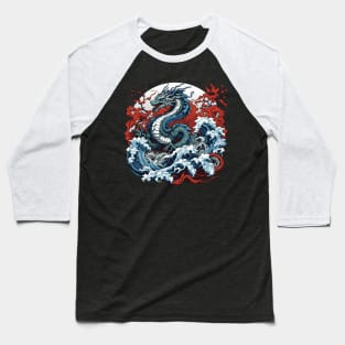 Dragon against the backdrop of a setting sun bathed in ocean waves Baseball T-Shirt